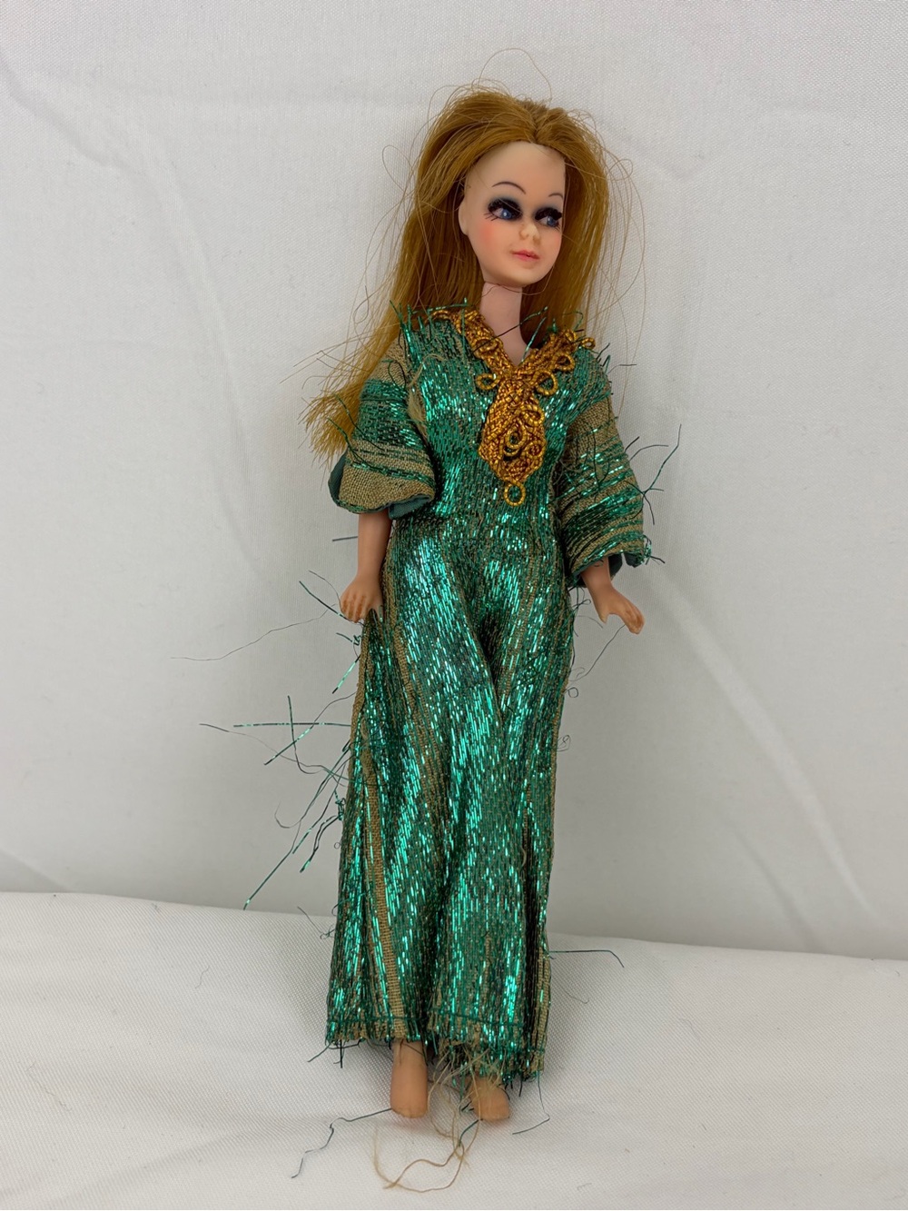 Sparkling Green Metallic Doll Dress with Gold Accents